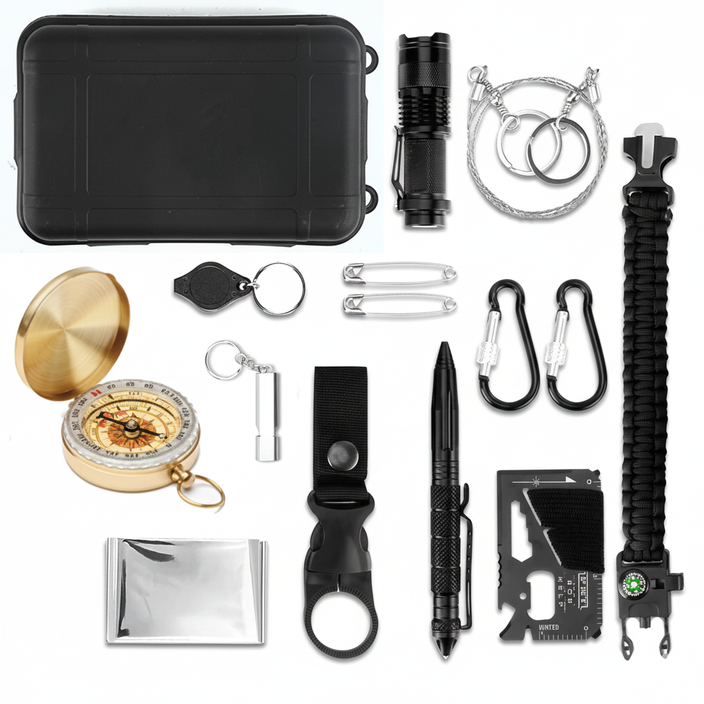 14-teiliges Survival Kit für Camping & Outdoor mit Kompass