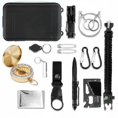 14-teiliges Survival Kit für Camping & Outdoor mit Kompass