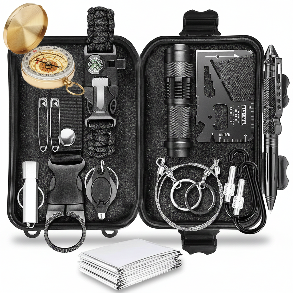 14-teiliges Survival Kit für Camping & Outdoor mit Kompass