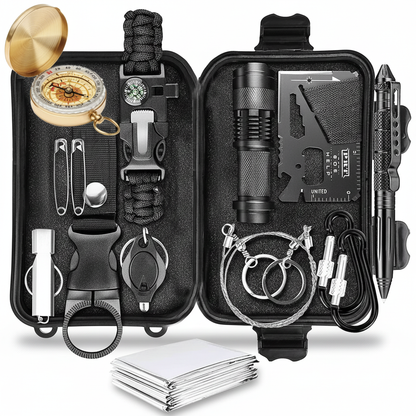 14-teiliges Survival Kit für Camping & Outdoor mit Kompass