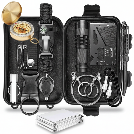 14-teiliges Survival Kit für Camping & Outdoor mit Kompass